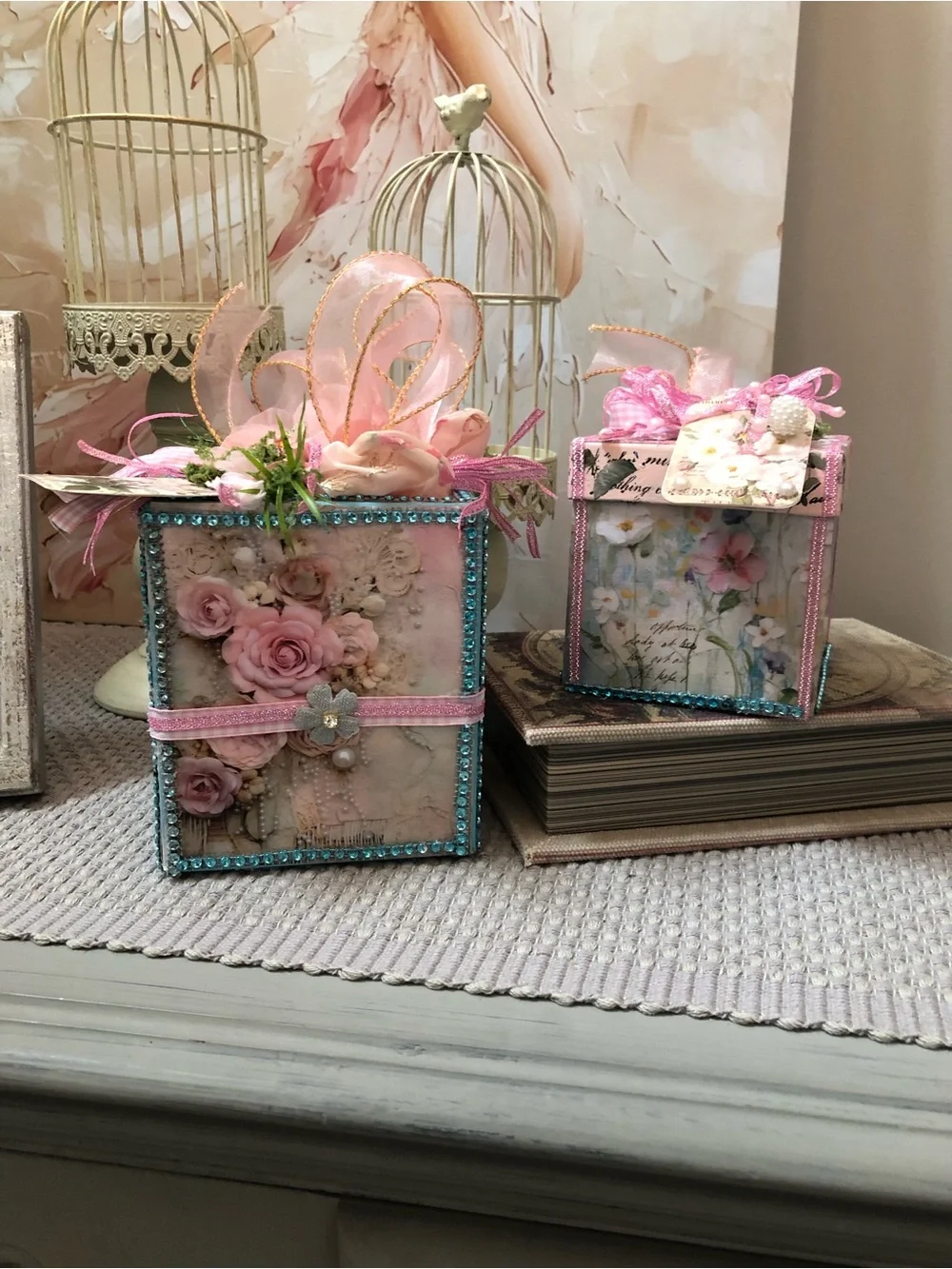 Hand Crafted Pink Floral Decor Gift Boxes with Blue Trim - Picture 11 of 14